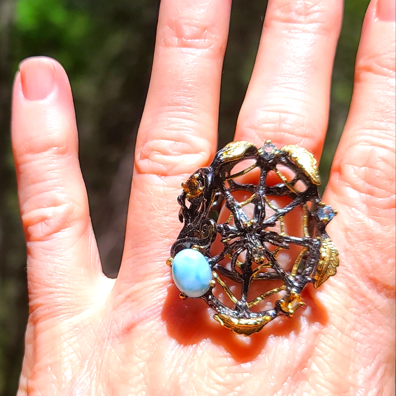 Larimar Citrine & Topaz Sterling & Gold Spiderweb Spider Ring Sz8
